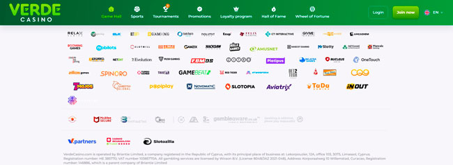 Ontwerp en interface van de officiële website van Verde Casino