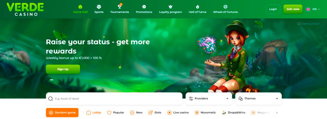 Ontwerp en interface van de officiële website van Verde Casino